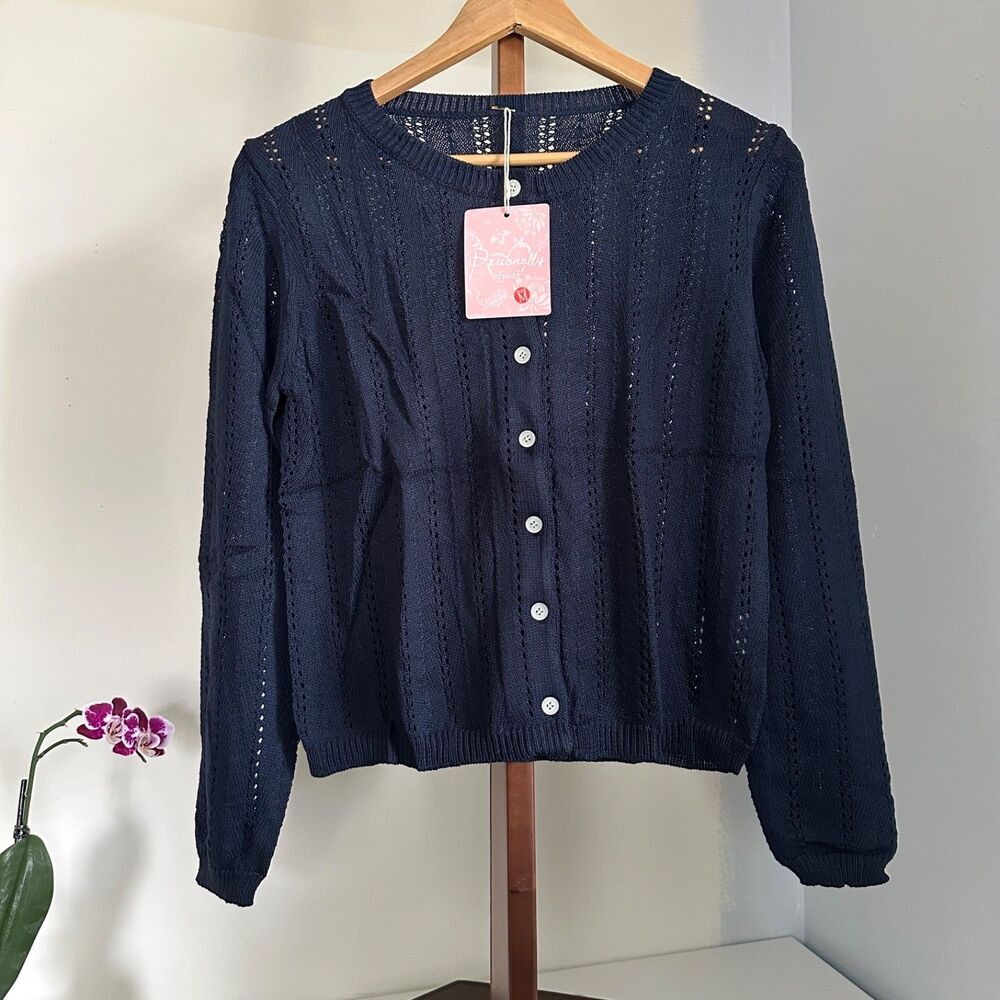 Nwt Womens Medium Navy Blue Pointelle Knit Cardigan Sweater Lightweight Openwork